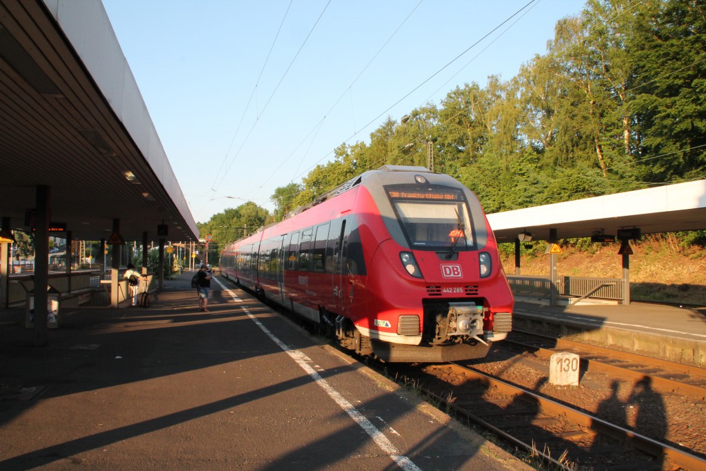 Am Abend des 05.06.2015 wartet 442 285 als Mittelhessen-Express, nach Frankfurt, im Bahnhof Treysa, auf der Main-Weser-Bahn.