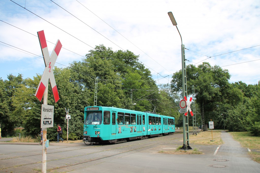 Zum "Frankfurter Tag der Verkehrsgeschichte" hält der PT Wagen 728 an der Strassenbahnhaltestelle Waldfriedhof-Goldstein in Frankfurt.