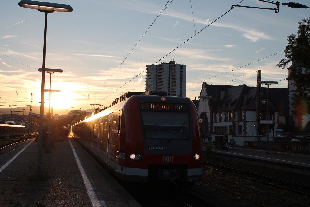 Aus der Abendsonne kommt am 29.08.2015 423 407 im Bahnhof Bad Homburg in Richtung Friedrichsdorf hervor.