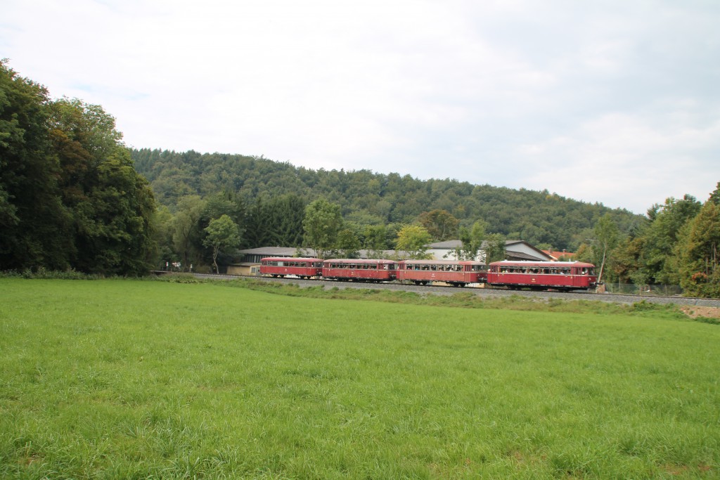 Die Wiesen zwischen Thalitter und Korbach durchquerten am 12.09.2015 die OEF mit ihrer vierteiligen Schienenbusgarnitur.