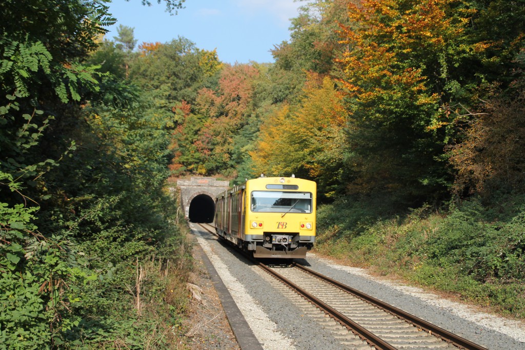 Ein VT2E der HLB verlässt das herbstlich umrandete Tunnelportal des Hasselborner Tunnels auf der Taunusbahn, aufgenommen am 10.10.2015.