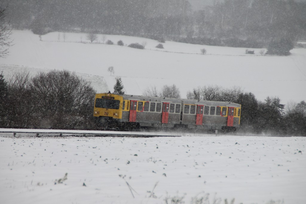 Ein VT2E der HLB in der Steigung bei Hundstadt, aufgenommen am 17.01.2016.