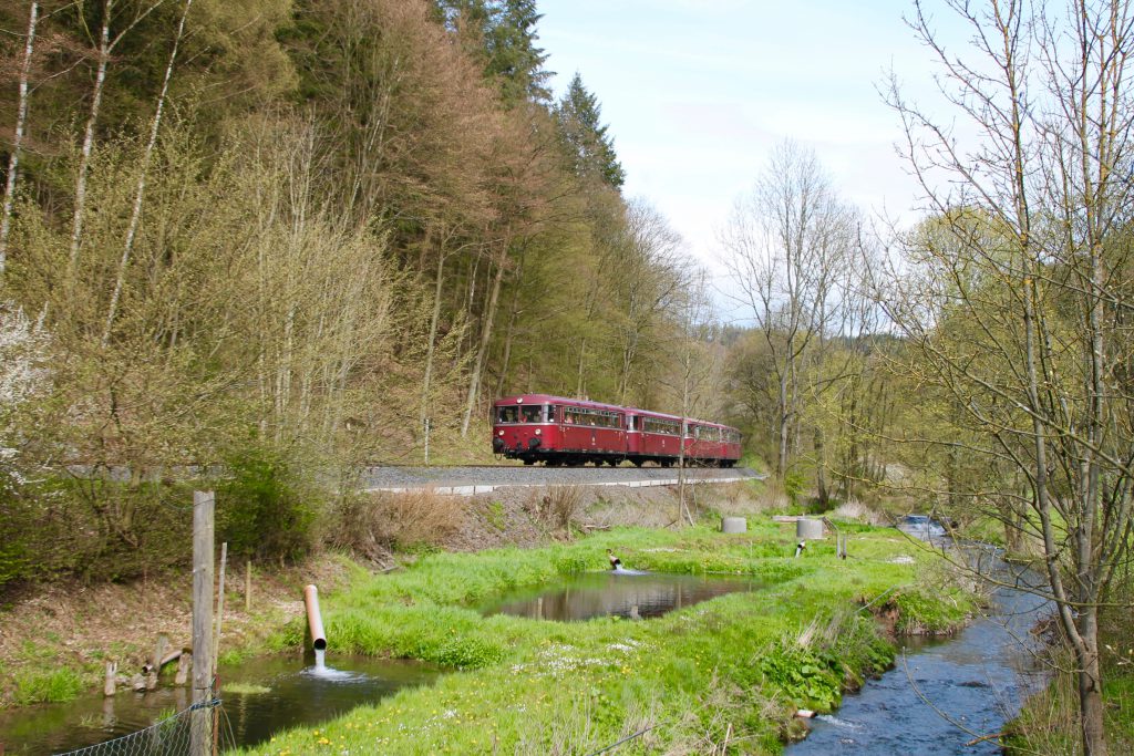 796 802, 996 309, 996 299 und 796 690 an einer Fischzucht bei Herzhausen auf der Burgwaldbahn, aufgenommen am 30.04.2016.