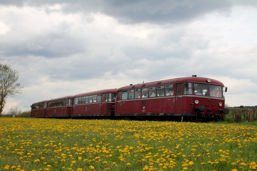 796 802, 996 309, 996 299 und 796 690 in einer Blumenwiese kurz hinter dem Haltepunkt Haine auf der Strecke Frankenberg - Battenberg, aufgenommen am 30.04.2016.