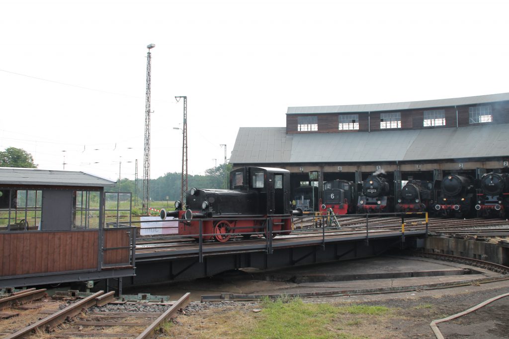 Im Lokschuppen des Bw Hanau verschnaufen gerade einige Dampflokomotiven, aufgenommen am 05.06.2016.