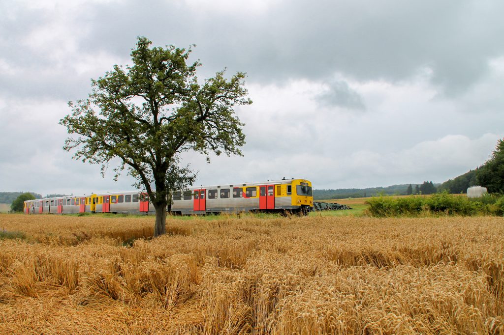 Zwei VT2E der HLB bei Hundstadt auf der Taunusbahn, aufgenommen am 05.08.2016.