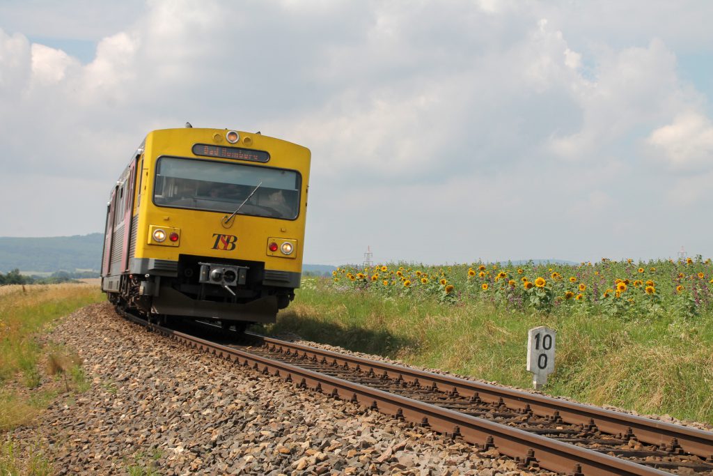 Ein VT2E der HLB an einem Sonnenblumenfeld bei Wehrheim auf der Taunusbahn, aufgenommen am 27.07.2016.