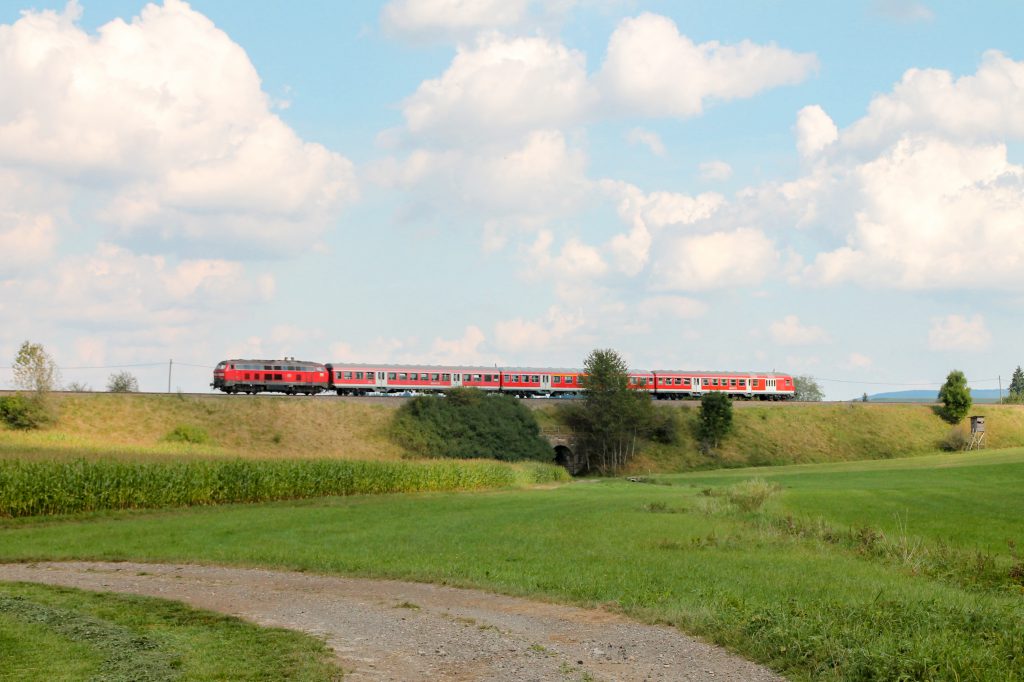 218 436 mit einem Karlsruher Steuerwagen an einem Viadukt bei Döggingen auf der Höllentalbahn, aufgenommen am 10.09.2016.