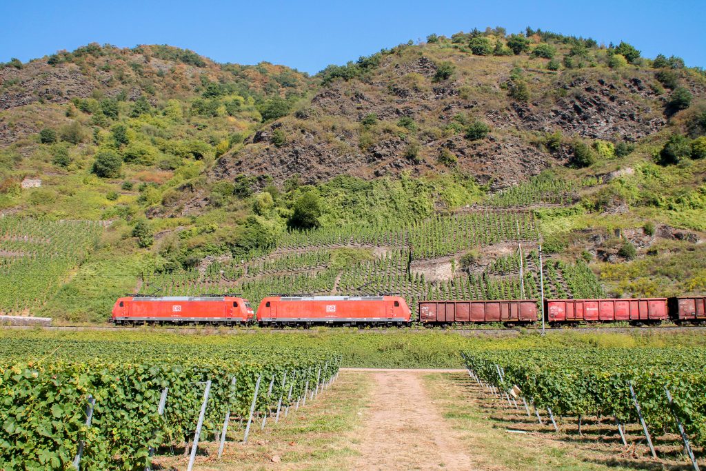 185 038 und 185 027 mit einem Güterzug in den Weinbergen bei Pommern auf der Moselstrecke, aufgenommen am 27.08.2016.