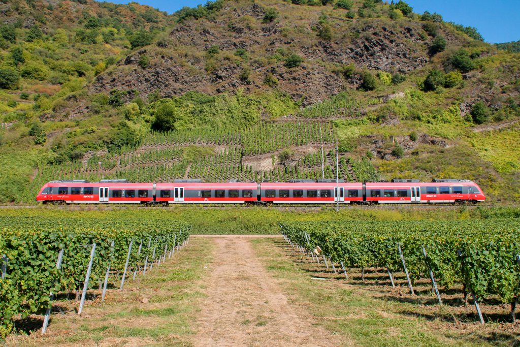 Ein TALENT 2 der DB in den Weinbergen bei Pommern auf der Moselstrecke, aufgenommen am 27.08.2016.