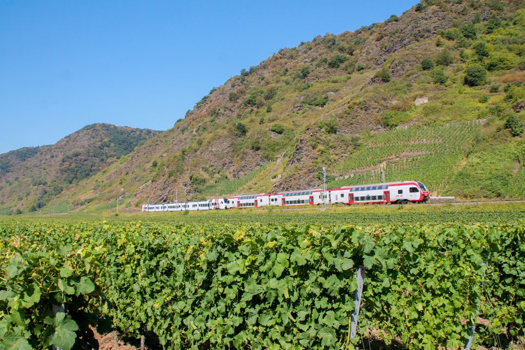 Ein FLIRT der DB und ein KISS der CFL in den Weinbergen bei Pommern auf der Moselstrecke, aufgenommen am 27.08.2016.