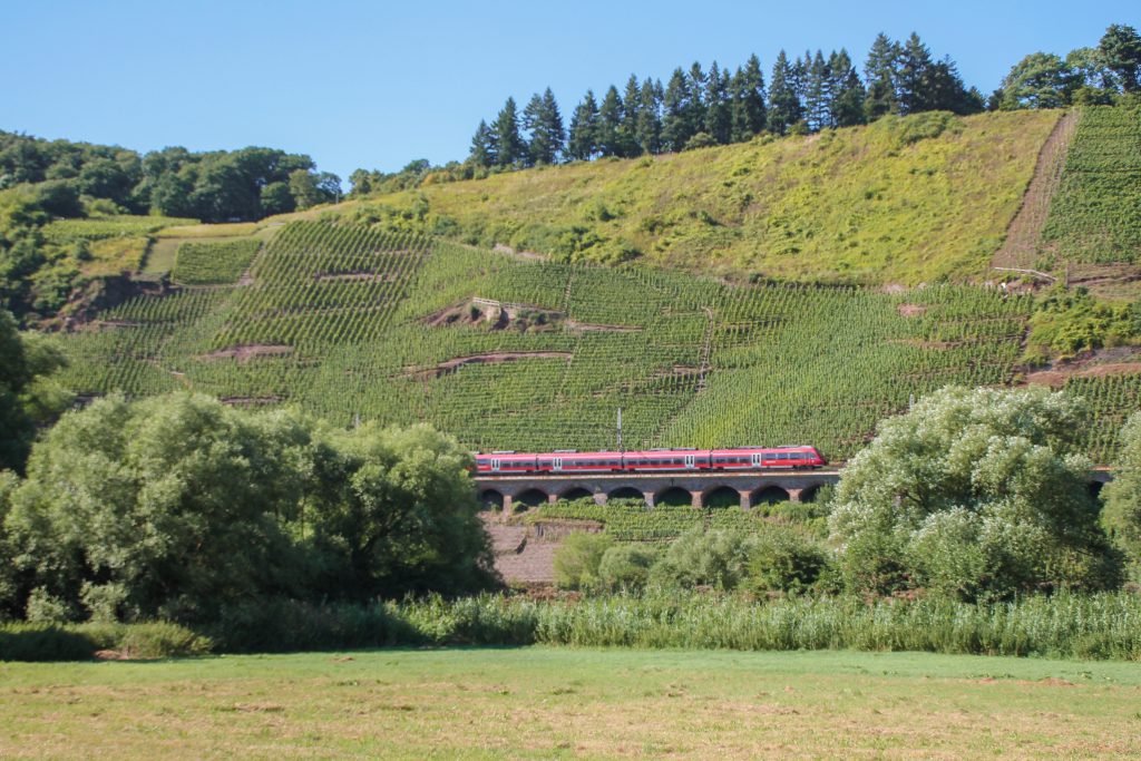 Ein 442 überquert das Pündericher Hangviadukt auf der Moselstrecke, aufgenommen am 24.08.2016.