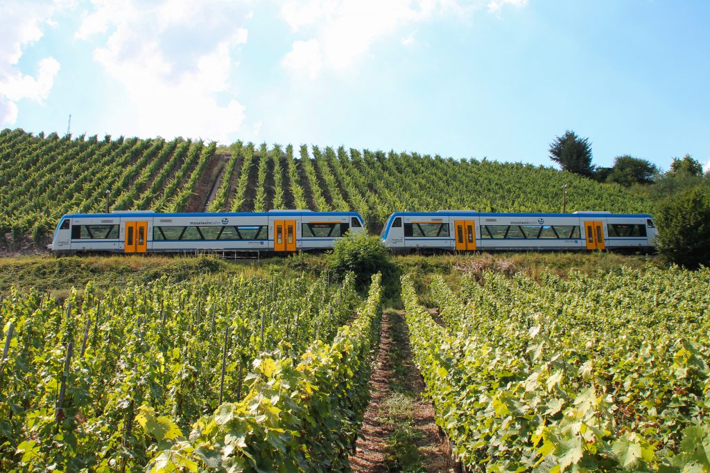 650 131 und 650 132 von Rhenus Veniro bei Reil auf der Moselweinbahn, aufgenommen am 27.08.2016.