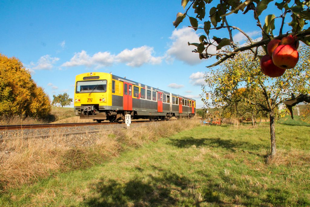 Ein VT2E der HLB an einem Apfelbaum bei Westerfeld auf der Taunusbahn, aufgenommen am 29.10.2016.