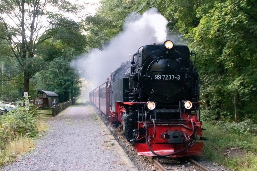 99 7235 am Bahnsteig von Netzkater auf der Harzquerbahn, aufgenommen am 02.10.2023.