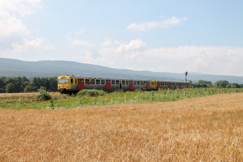 Zwei VT2E der HLB vor dem großen Feldberg bei Wehrheim auf der Taunusbahn, aufgenommen am 27.07.2016.