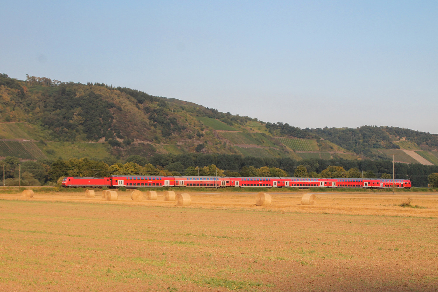 Eine 146 mit einem Zug aus Doppelstockwagen bei Namedy auf der linken Rheinstrecke, aufgenommen am 27.08.2016.