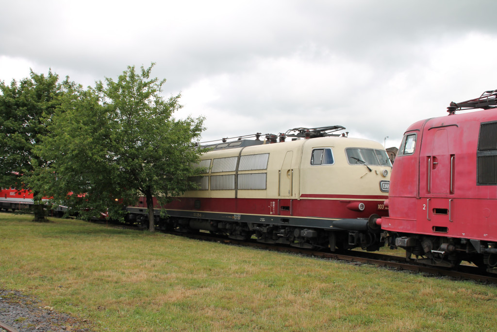 103 235 versteckt sich im DB-Museum in Koblenz-Lützel am 13.06.2015 hinter einem Baum