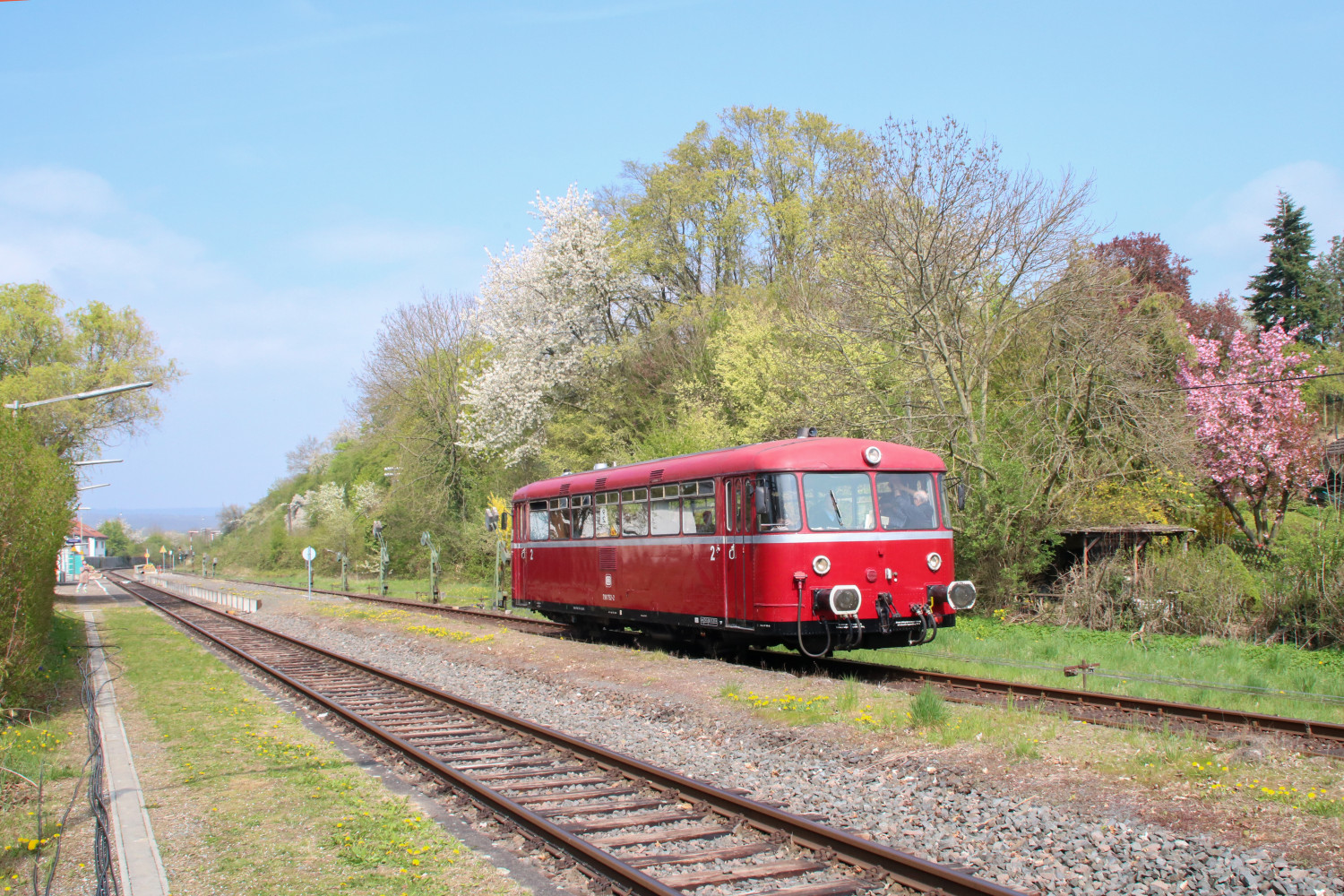 798 752 bei der Ausfahrt im blühenden Bahnhof Wiesbaden-Igstadt, aufgenommen am 08.04.2017.