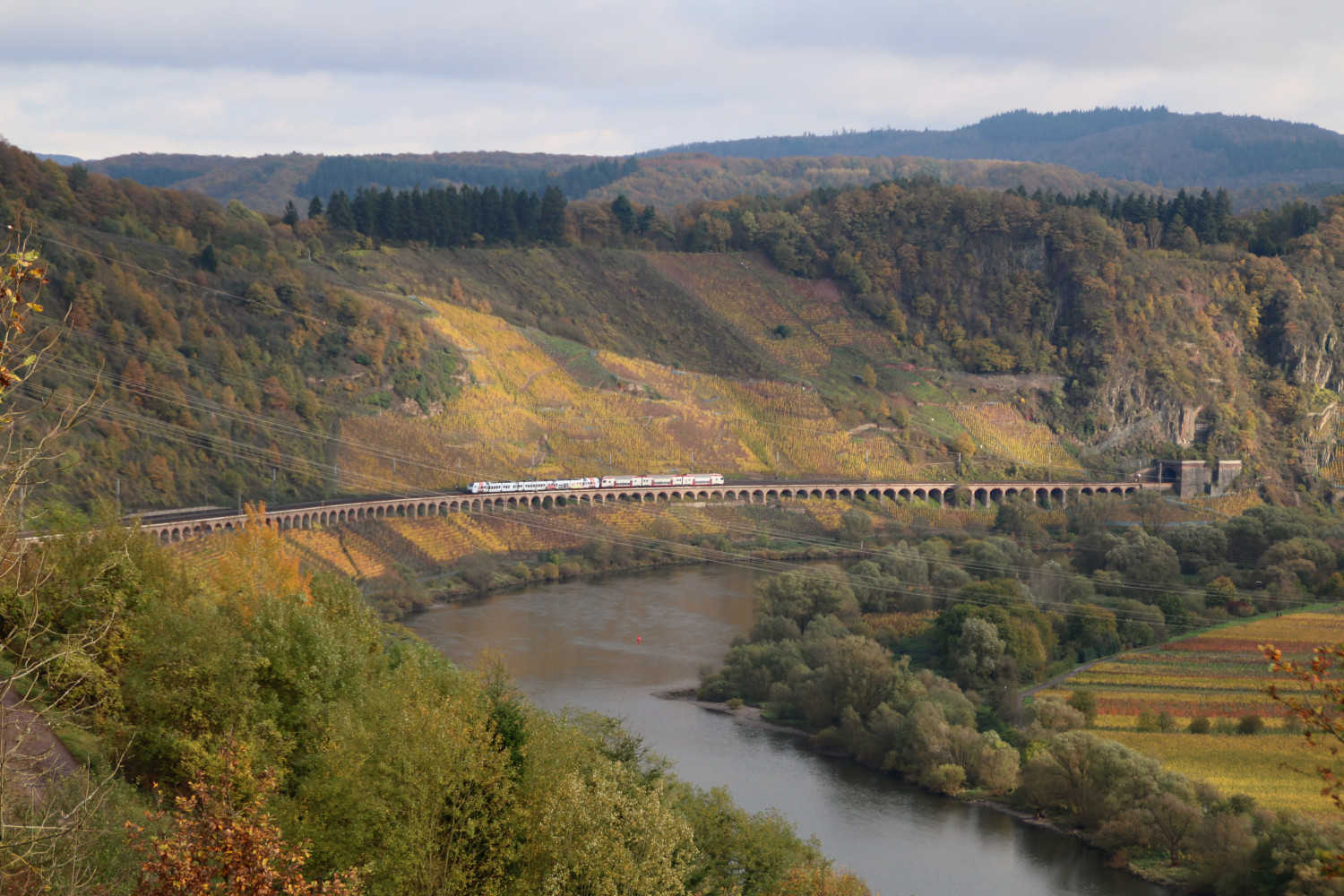 Ein FLIRT der DB und KISS der CFL überqueren das Pündericher Hangviadukt auf der Moselstrecke, aufgenommen am 25.10.2017.