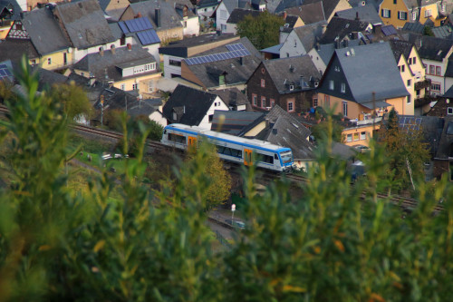 650 131 versteckt sich auf dem Viadukt in Reil auf der Moselweinbahn, aufgenommen am 25.10.2017.