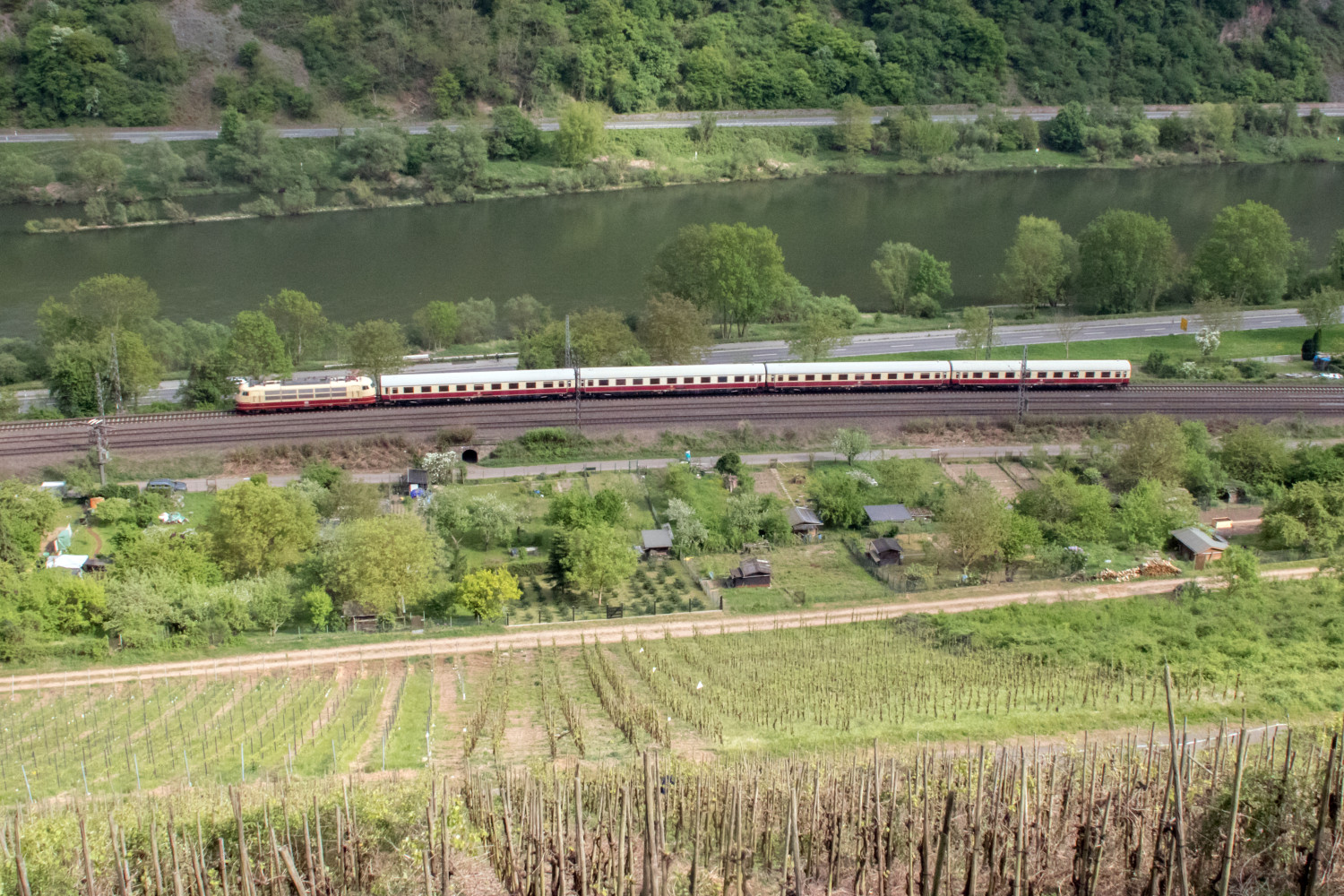 103 113 an den Kleingärten bei Moselkern auf der Moselstrecke, aufgenommen am 01.05.2018.