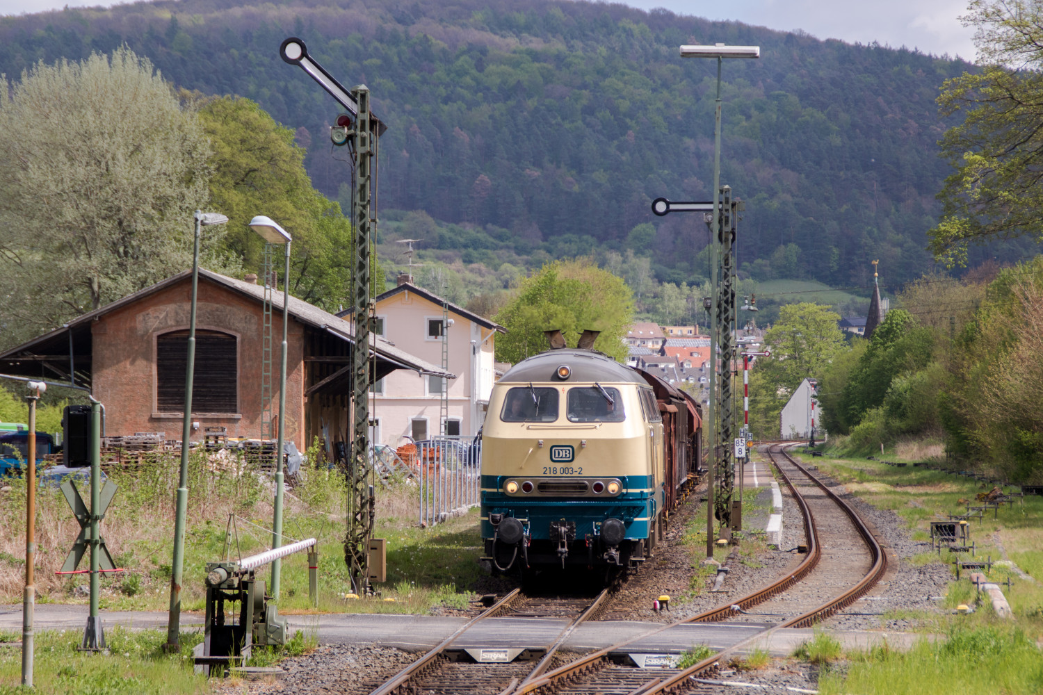218 003 steht mit ihrem Güterzug am Ausfahrsignal von Bad Salzschlirf auf der Vogelsbergbahn, aufgenommen am 28.04.2019.