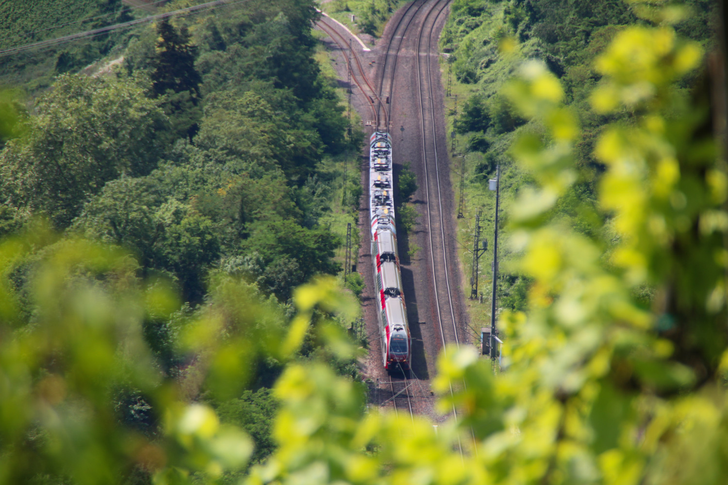 Ein KISS der CFL sowie ein FLIRT der DB passieren die Abzweigstelle Pünderich auf der Moselstrecke, aufgenommen am 18.07.2020.
