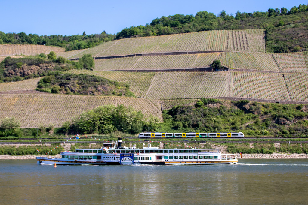 460 015 begegnet dem Schaufelraddampfer "Goethe" im Bopparder Hamm auf der linken Rheinstrecke, aufgenommen am 14.05.2022.