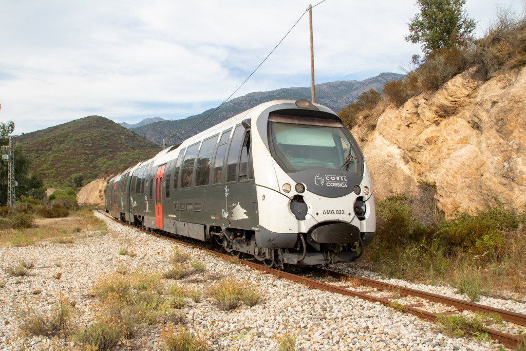 Ein AMG-800-Triebwagen kurz vor dem Bahnhof Pietralba, aufgenommen am 11.08.2024 auf Korsika.