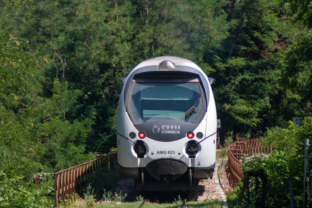 Ein AMG-800-Triebwagen bei Ucciani ein, aufgenommen am 17.07.2025 auf Korsika.