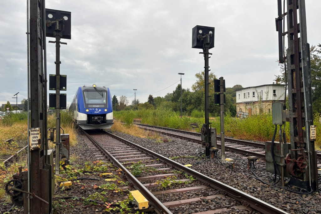 554 110 an den Ausfahrsignalen im Bahnhof Hungen auf der Lahn-Kinzig-Bahn, aufgenommen am 02.10.2024.