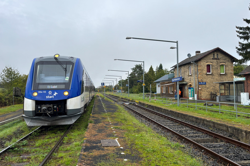 554 110 hält im Bahnhof Ober-Widdersheim auf der Lahn-Kinzig-Bahn, aufgenommen am 02.10.2024.