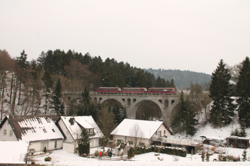 798 829, 996 310 und 996 677 der OEF überqueren das Viadukt in Usseln auf der Uplandbahn, aufgenommen am 28.02.2016.