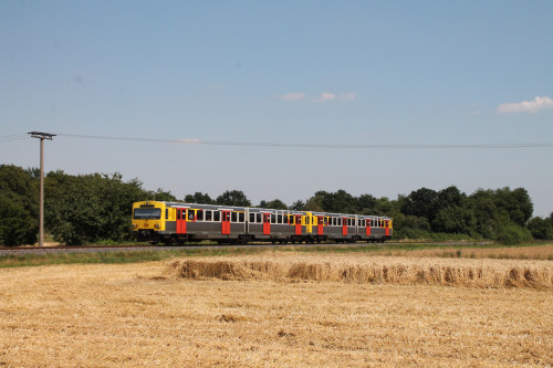 Zwei VT2E der HLB zwischen den Kornfelder bei Münster auf der Frankfurt-Königsteiner-Eisenbahn, aufgenommen am 20.07.2016.